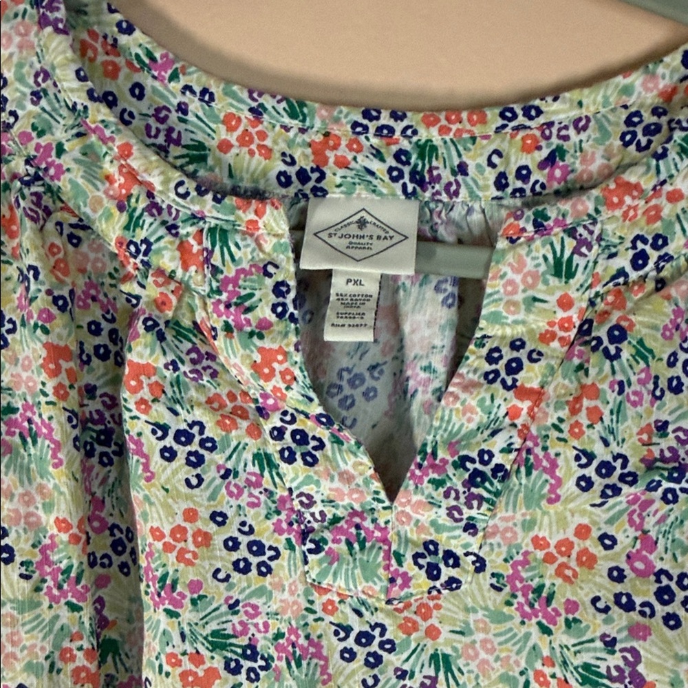 St. John's Bay Floral Short Sleeve Blouse - White, Blue, Pink, Green - Picture 3 of 7